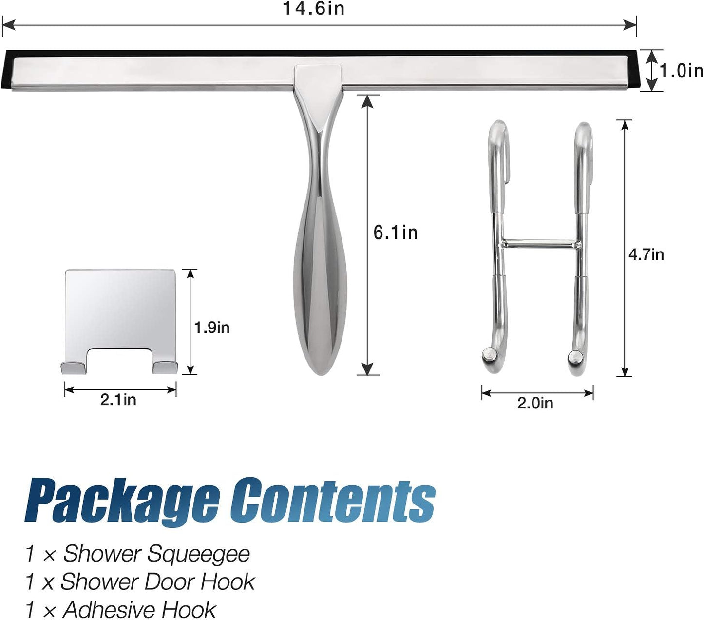 14-Inch Shower Squeegee Set, Includes Shower Door Hook and Adhesive Hook, Squeegee for Shower Doors, Mirror and Window, Silver