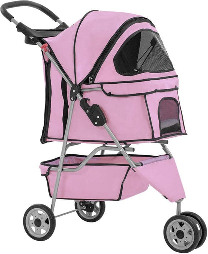 3 Wheels Pet Stroller Dog Stroller Cat Cage Jogger Stroller Cats Travel Folding Carrier Waterproof Puppy Stroller with Cup Holder & Removable Liner (Pink)