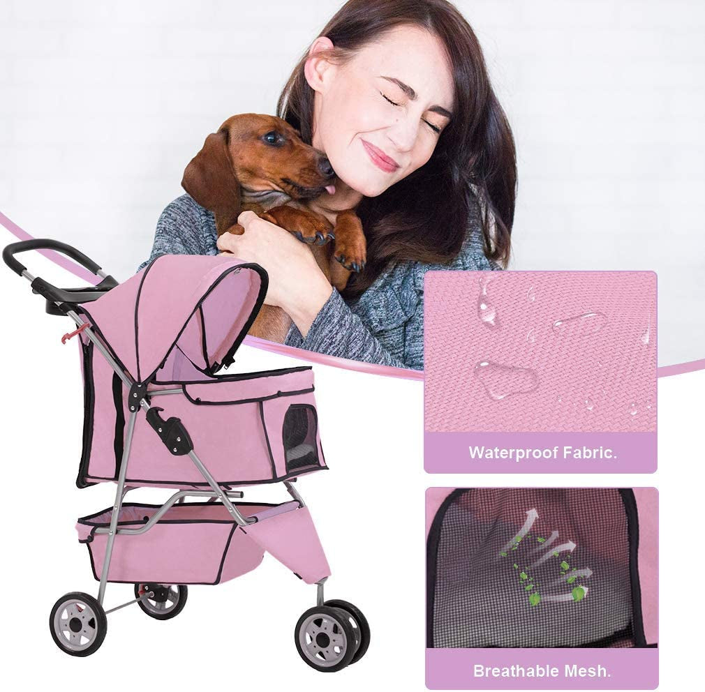 3 Wheels Pet Stroller Dog Stroller Cat Cage Jogger Stroller Cats Travel Folding Carrier Waterproof Puppy Stroller with Cup Holder & Removable Liner (Pink)