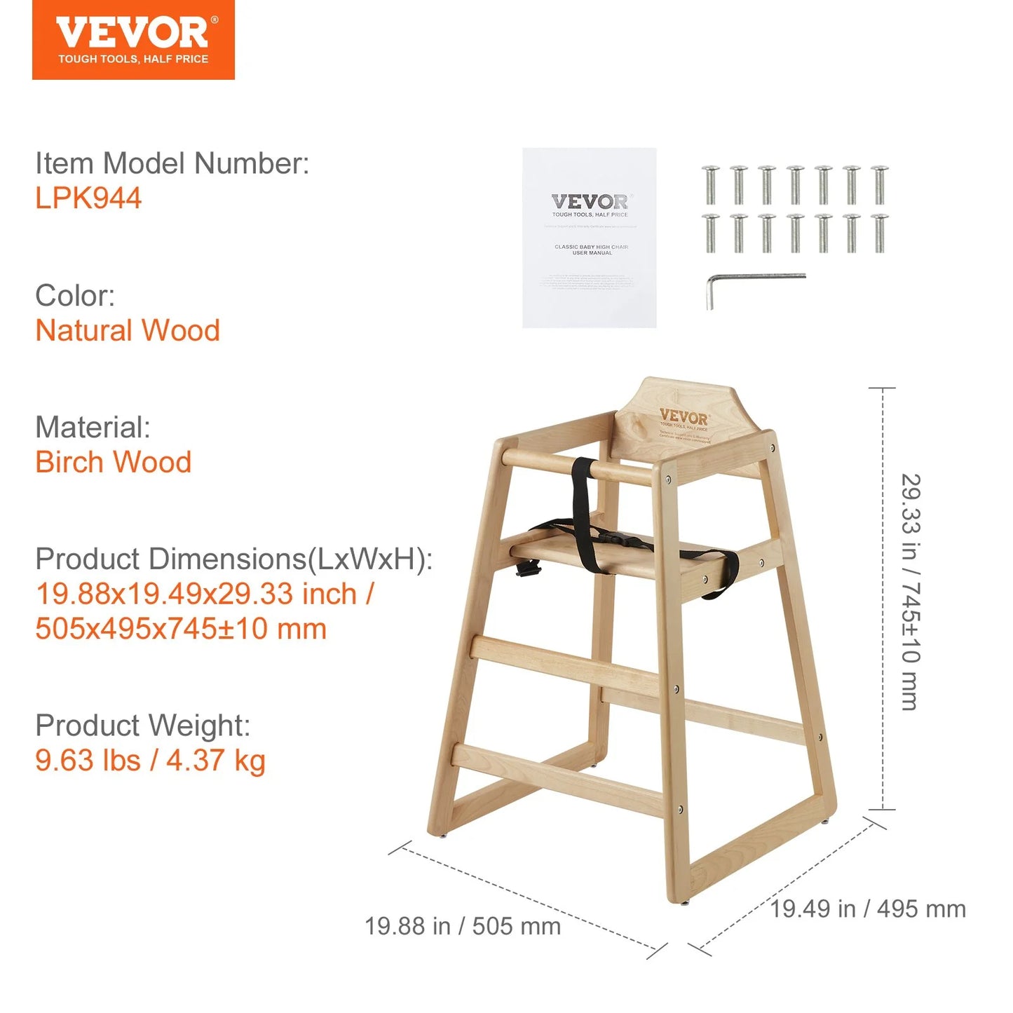 VEVOR Wooden High Chair for Babies & Toddlers, Double Solid Wood Feeding Chair, Eat & Grow Portable High Chair, Easy to Clean Baby Booster Seat, Compact Toddler Chair, Natural